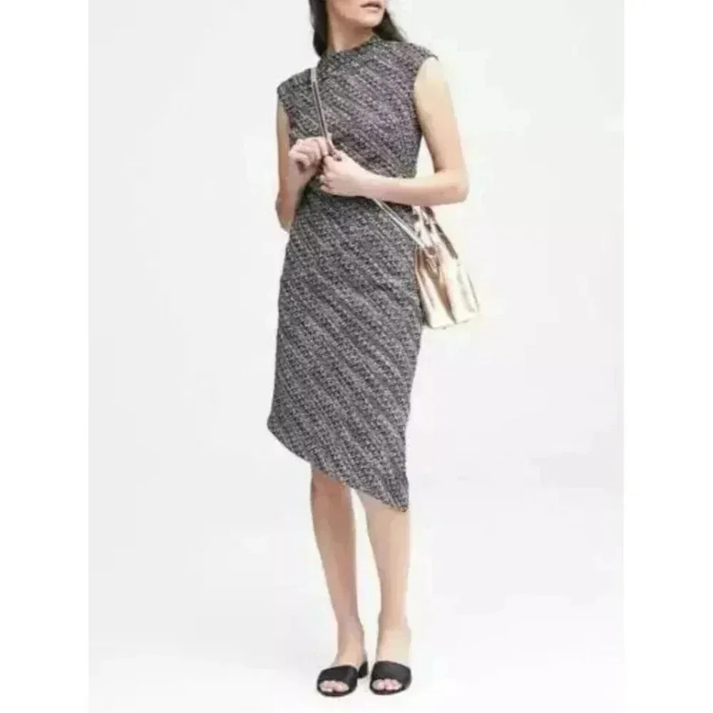 NWT Banana Republic Tweed Black/White Asymmetrical Midi Dress Womens Size 4 NWT